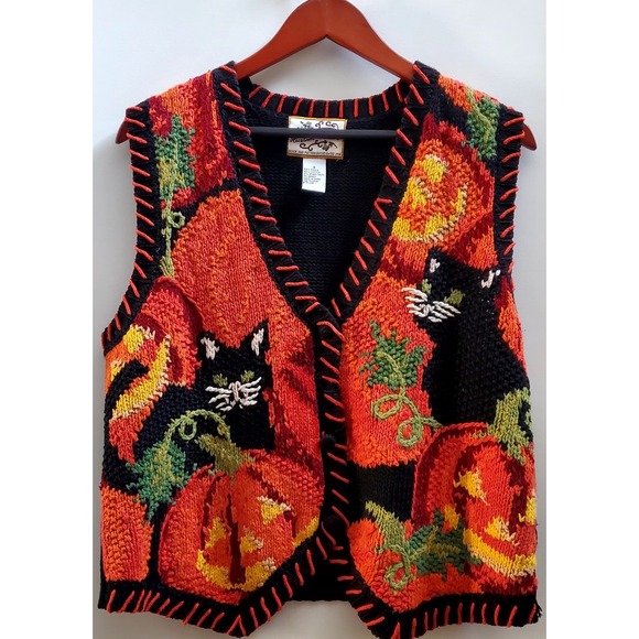 VTG '98 Knit Vest S Heirloom Collectibles Black Orange Cats/Halloween Pumpkins - Picture 1 of 11